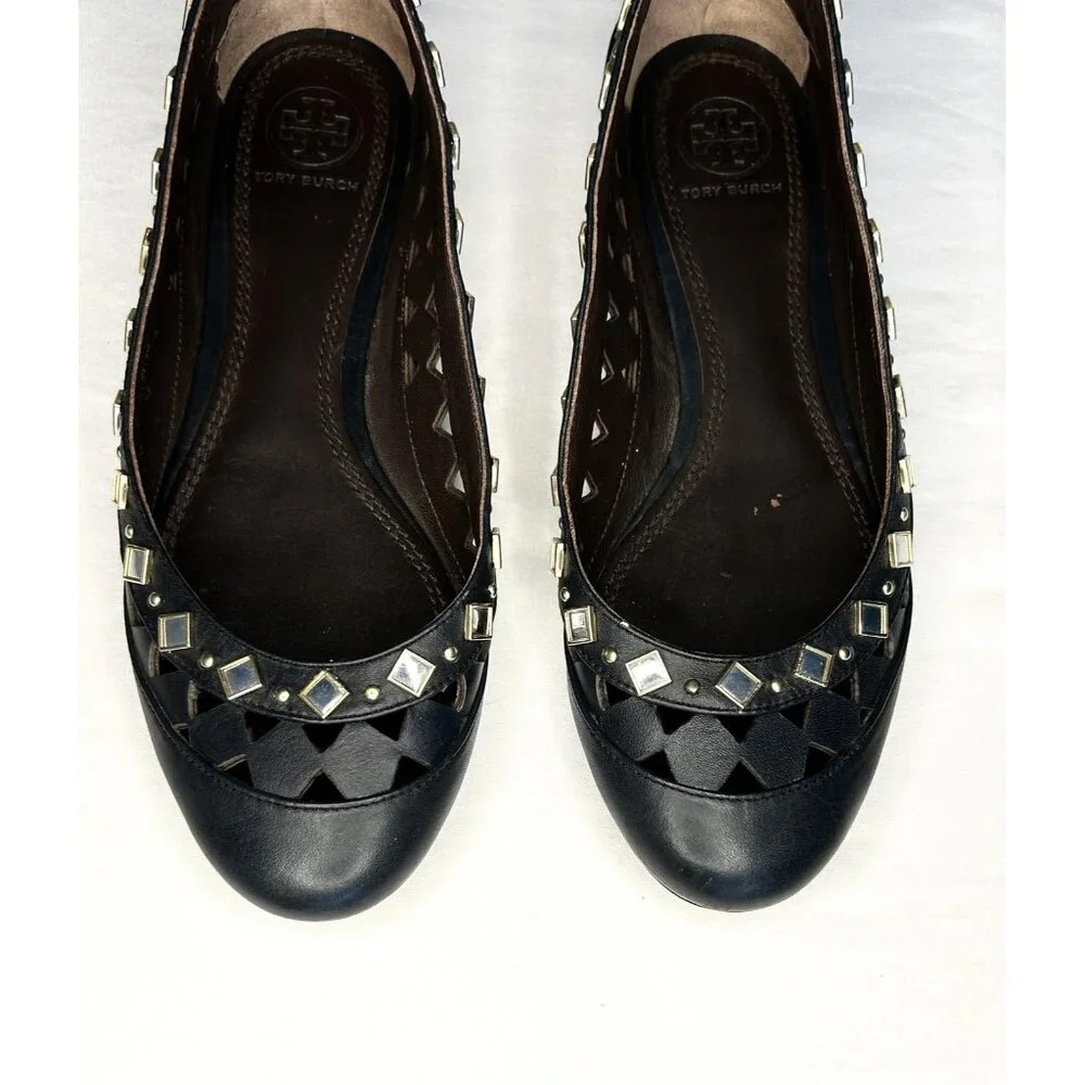 Tory Burch Shoes Womens 7 Black Kingsbridge Leather Ballet Flats Mirrored Cutout